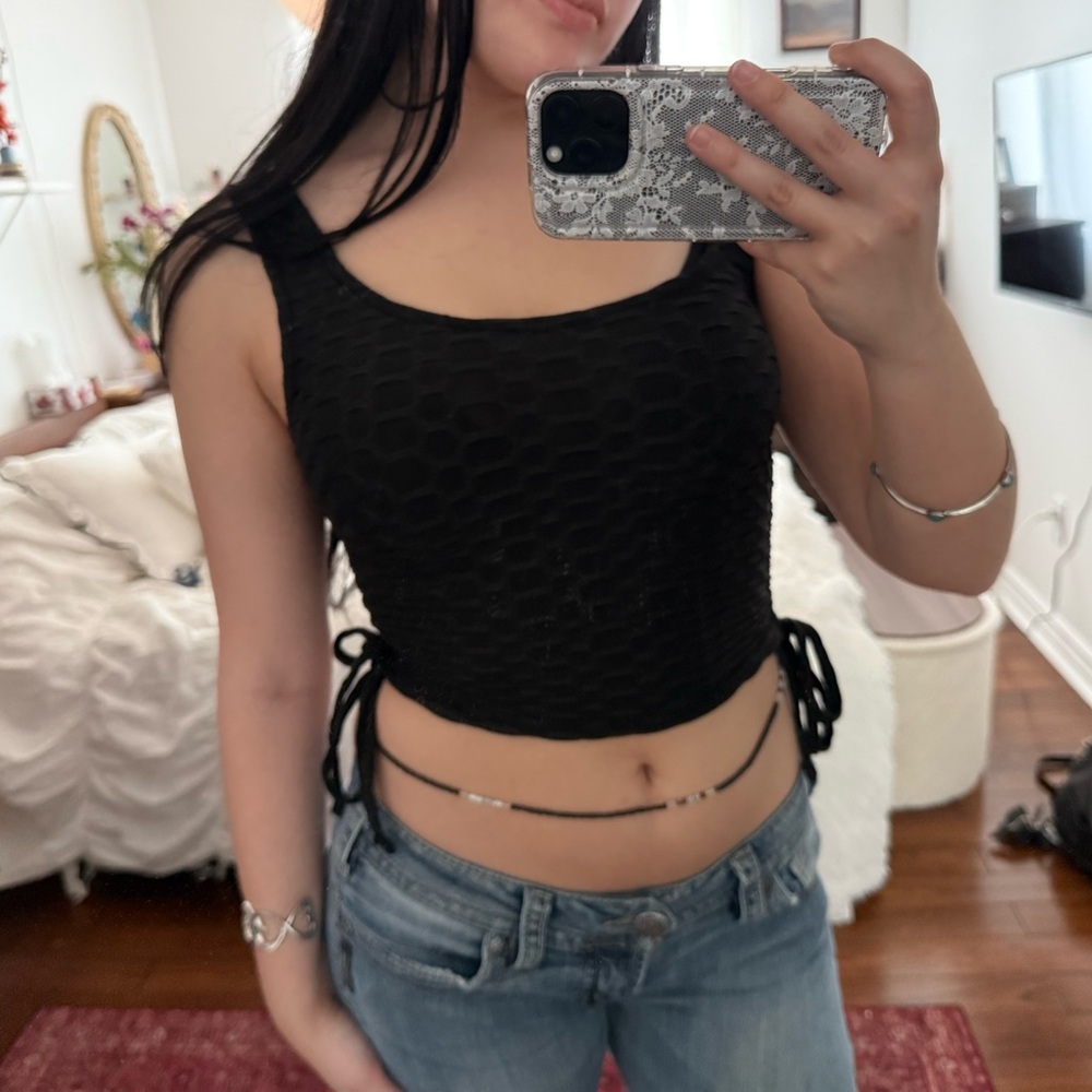Black Textured Crop Top with drawstrings
